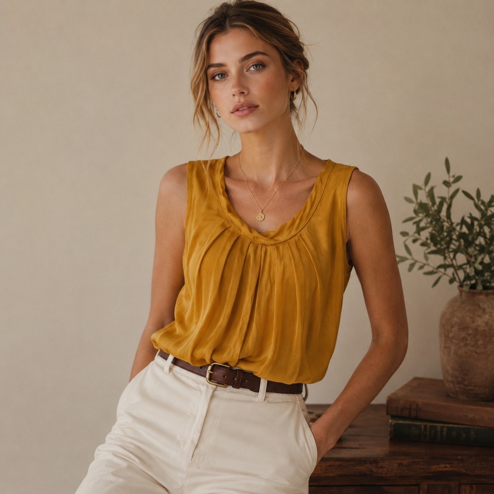 Tina Stephens Pleated Silk Tank Top Womens‎ M Gold Mustard Italian Luxury
